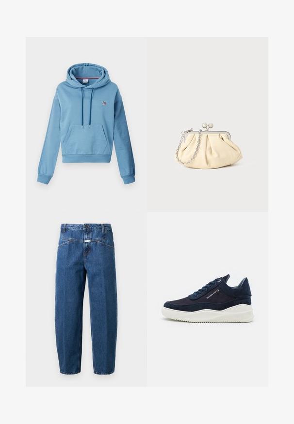 Gaiši zils kapuces džemperis, izgatavots no kokvilnas šķiedras, ar regulējamu kapuci, priekšējo kanguru kabatu un mazu daudzkrāsainu dzīvnieka izšuvumu.; Tumši zili džinsi ar brīvu piegriezumu, piecu kabatu dizainu, izšūtiem šuvēm un pogu aizdari jostasvietā.; Tumši jūras zilas zamšādas tenisa kurpes ar baltām gumijas zoleēm, noapaļota purngala un laukumu dizains. Satur logotipa detaļu sānos un teksturētas akcentus.; Rūpīgi pleatota bežīga ādas somiņa ar sudraba metāla rāmi, kurai ir divas apaļas dekoratīvas sprādzes un sudraba ķēdes siksna.
