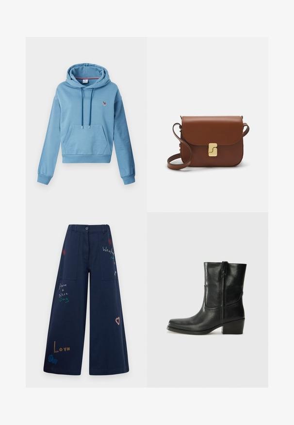 Fleece azul claro feito de mistura de algodão, com capuz ajustável por cordão, bolso canguru frontal e um pequeno bordado de animal multicolorido.; Calças largas em azul marinho em algodão com múltiplos bolsos. Apresenta texto e gráficos bordados coloridos, incluindo corações e frases divertidas.; Bota de tornozelo em couro preto com bico arredondado, salto bloco, fecho lateral e detalhes em costura na parte frontal. Textura suave, design clássico.; Bolsa de couro castanho com fecho de aba, decoração em tom dourado, alça de ombro e textura suave. Formato retangular compacto.