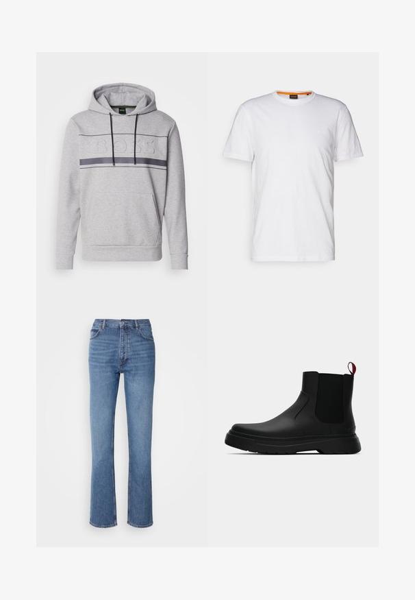 Grå hettegenser med kengurulomme, ribbede mansjetter og en preget logo på brystet; har svarte snorene og horisontale striper.; Hvit t-skjorte av bomull med rund hals, korte ermer og en subtil preget logo på brystet. Innvendig etikett har en oransje aksent.; Blå denimjeans med høy midje, rett ben-design og subtil falming. Har klassisk fem-lomme stil og glidelås lukking.; Sorte ankelstøvler med en glat overflade, elastiske sidepaneler og en kontrastfyldt rød trækflik, med en tykk gummisål og rund tå.