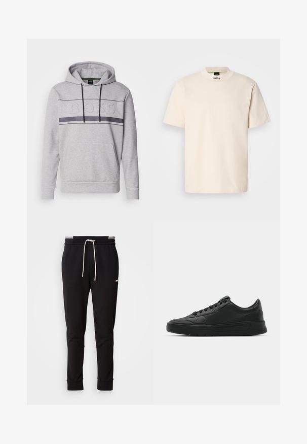 Sweatshirt cinza com um bolso canguru, punhos canelados e um logótipo em relevo no peito; apresenta cordões pretos e detalhes de riscas horizontais.; T-shirt de manga curta na cor creme com colarinho alto, apresentando "BOSS" impresso a negro na parte frontal do pescoço e na etiqueta interior.; Calças de jogging slim-fit pretas com cordão branco, punhos canelados e um logótipo subtil na parte superior da coxa, contra um fundo simples.; Sapatilha preta com parte superior em couro liso, bico arredondado, cadarços planos, colarinho almofadado e design minimalista. Sola de borracha com padrão de tração discreto.