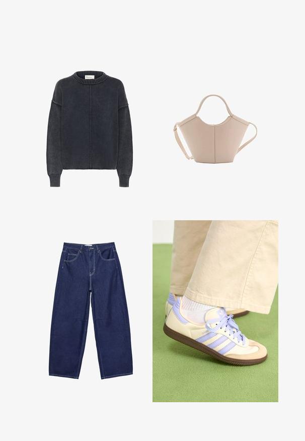 Dunkelgrauer, strukturierter Pullover mit Rundhalsausschnitt und langen Ärmeln, der eine zentrale Naht auf der Vorderseite hat. Klassischer, lässiger Stil.; Dunkelblaue Jeansweite Hosen mit hoher Taille, fünf Taschen und kontrastierenden weißen Nähten. Glatte Textur, klassisches Design.; Cremefarbene und lavendelfarbene Sneakers mit drei Streifen und einer strukturierten braunen Sohle, ausgestattet mit Schnürsenkeln und einer gepolsterten Ferse. Obermaterial aus weichem Stoff.; Beige Lederhandtasche mit einer einzigartigen Form, die zwei kurze Henkel und einen langen verstellbaren Riemen aufweist. Glatte Textur mit minimalen Hardware-Elementen.