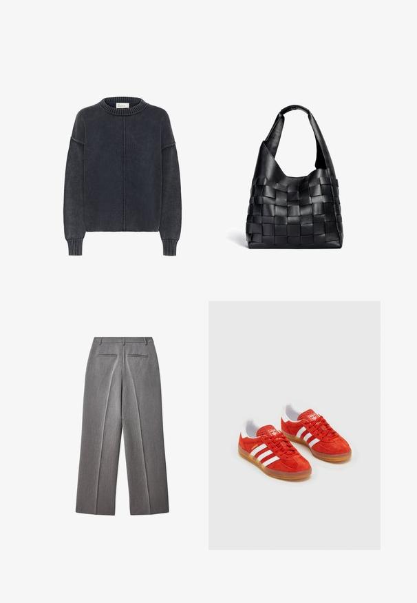 Pull gris foncé texturé avec un col rond et des manches longues, featuring une couture centrale sur le devant. Style classique et décontracté.; Pantalons tailleur gris avec une taille plate, une coupe droite, deux poches arrière et une texture subtile.; Baskets en daim rouge avec rayures blanches, semelle en gomme, col rembourré et logo sur la languette. Design classique avec une tige texturée.; Sac cabas en cuir noir tissé avec une forme décontractée et une large bandoulière. Caractéristiques d'un design texturé et entrelacé avec une finition lisse.