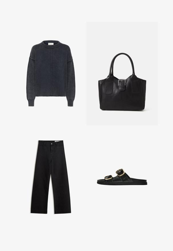 Tmavě šedý, texturovaný svetr s kulatým výstřihem a dlouhými rukávy, s centrálním švem na přední straně. Klasický, ležérní styl.; Černé denimové kalhoty s volným střihem a vysokým pasem, vybavené předními a zadními kapsami, prošívanými švy a knoflíkovým zapínáním. Hladká textura.; Černé kluzné sandály s dvěma zlatými sponami, hladkým texturovaným materiálem, plochou podrážkou a minimalistickým designem.; Černá kožená tote taška s hladkým povrchem, strukturovaným tvarem, dvěma uchy a výrazným stříbrným detailem s přezkou na přední straně.