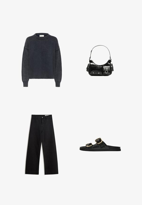 Tamno sivi, teksturirani pulover s okruglim izrezom i dugim rukavima, s centralnim šavom sprijeda. Klasičan, ležeran stil.; Crne široke traperice s visokim strukom, s prednjim i stražnjim džepovima, šivenim šavovima i kopčanjem na gumb. Glatka tekstura.; Crne sandale na klizanje s dva zlatna akcenta u obliku kopči, glatkog teksturiranog materijala, ravnim potplatom i minimalističkim dizajnom.; Crna patentna kožna torba s zakrivljenim oblikom, jednim remenom za rame, prednjim džepovima i akcentima od srebrnog tona.