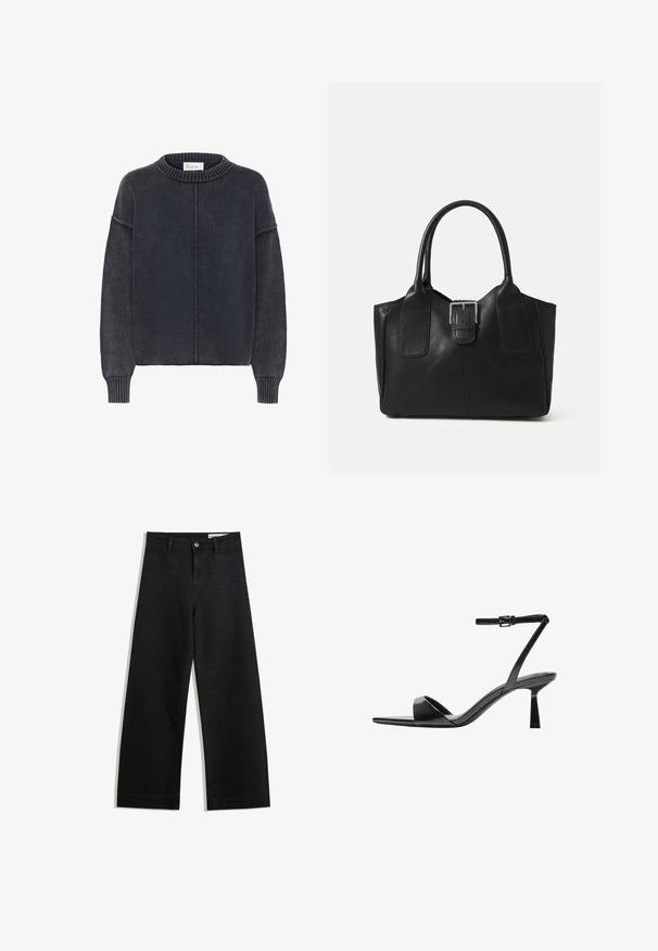 Tummanharmaa, teksturoitu neulepaita, jossa on pyöreä pääntie ja pitkät hihat, keskiommellinen sauma edessä. Klassinen, rento tyyli.; Mustat leveät farkut korkealla vyötäröllä, joissa on etu- ja takataskut, ommellut saumat ja nappisuljenta. Silkinoinen rakenne.; Bershka Korolliset sandaalit - black; Musta nahkainen olkalaukku, jossa on sileä pinta, ryhdikäs muoto, kaksi kahvaa ja silmienpistävä hopeinen solkiyksityiskohta edessä.