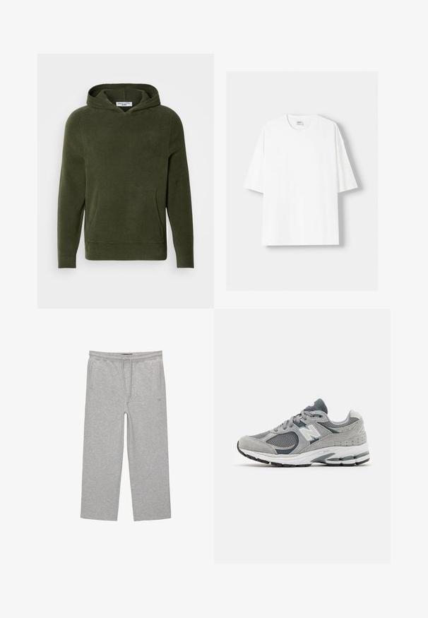 Felpa con cappuccio verde oliva con trama a coste, tasca frontale e maniche lunghe. Design semplice senza grafiche o dettagli visibili.; T-shirt bianco a maniche corte realizzato in cotone, con scollatura rotonda e vestibilità rilassata. Texture liscia, senza motivi o dettagli visibili.; Pantaloni lounge grigi in cotone con cintura elastica, cordoncino e due tasche laterali; design a gamba dritta, morbida al tatto, senza motivi.; Sneaker grigia realizzata in materiali mesh e suede, con logo bianco, colletto imbottito e suola in gomma texturizzata. Accenti in grigio più scuro.