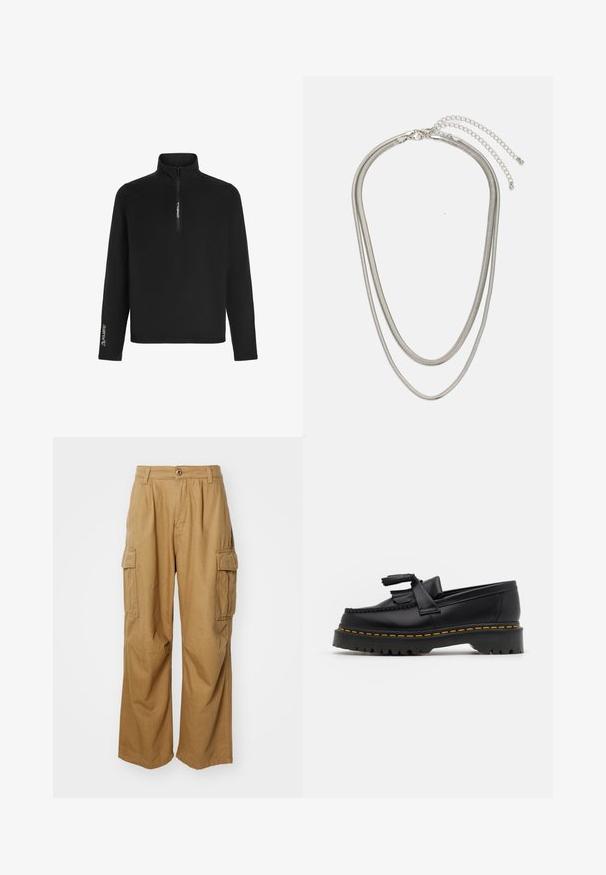 Sort pullover fleece har en kvart-zip krave, lange ærmer og et Polartec-logo på venstre ærme for isolering og komfort.; Tan cargo bukser med lige ben design, der har to sidelommer og knaplukning. Fremstillet af et blødt, holdbart stof.; Sort læderloafer med en frynsedetalje, der har en kraftig sort sål og gul syninger langs kanten. Teksturert overflade.; Tre-lags sølvmetal halskæde med slanke, flexible kæder med en let glans, sikret med en hummerlås og justerbar kæde.