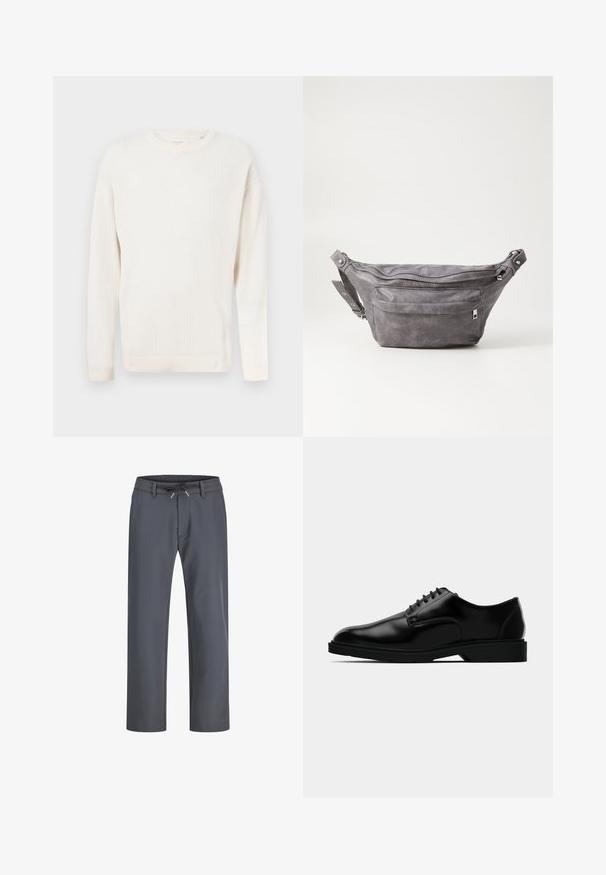 Balts, teksturēts adīts džemperis ar garām piedurknēm un apaļu kakla izgriezumu. Ribotie piedurkņu gali un apakšmalas ar smalku režģa rakstu visā virsmā.; Pelēkas, elastīgas jostas bikses ar auklu. Taisna kāju dizains, pagatavots no gludas auduma, ar minimālu šuvju skaitu un bez redzamām detaļām.; Melnas ādas kleita kurpes ar gludu apdari, noapaļotu pirkstu, aukliņu dizainu un nepiespiestu gumijas zoli labākai saķerei.; Pelēks zamšādas jostas somiņa ar noapaļotu formu, divām kabatām ar rāvējslēdzējiem un regulējamu siksnu. Iekļauj metāla aksesuārus.