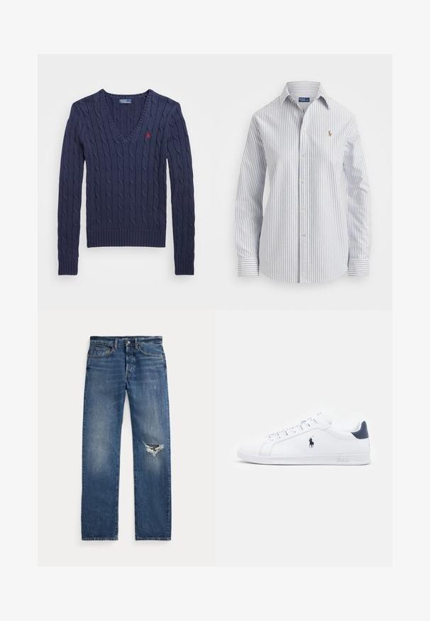 Mørkeblå V-hals kabelstrikket genser med ribbestrikkede mansjetter og nederkant. Har en liten rød logo på venstre bryst. Strikket tekstur gjennom hele genseren.; Stripete skjorte i lyseblå og hvit, med myk stoff, klassisk krage og brodert logo på brystet.; Blå denimjeans med middels høy midje, fem lommer og et frynsete hull på høyre kne.; Hvite lær sneakers med en glatt overflate, marineblå detaljer og en liten logo på siden. Har flate lisser og strukturet gummisåle.