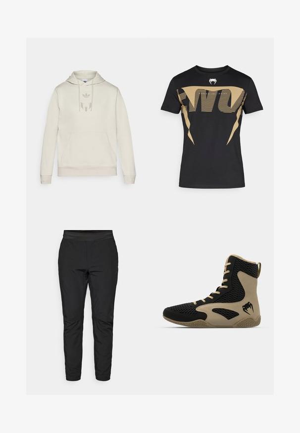 Beige hoodie lavet af blødt stof med en kengurulomme, justerbar snor og et diskret logo trykt på brystet.; Sort bomulds-T-shirt med stor, fed gylden grafik med striber og en kobra-logo på brystet. Klassisk rund hals.; Sorte strækbukser med en tætsiddende pasform, elastisk talje og lynlåslommer. Glat tekstur med en let skinnende finish.; Høj-top atletisk sko med en sort mesh-yderside og beige accenter. Tekstureret gummisål og detaljeret logo på siden.