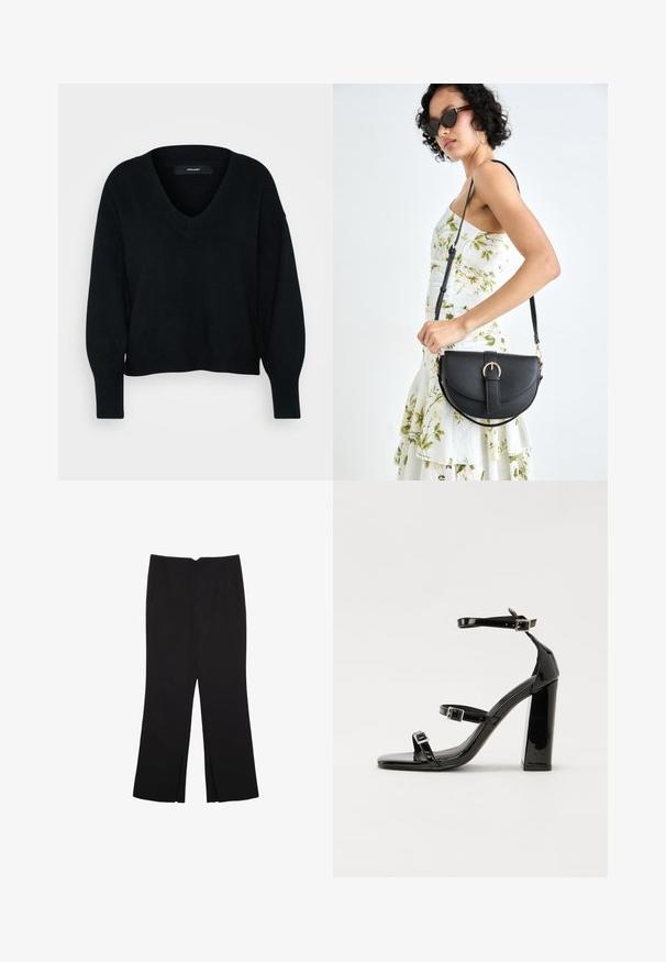 Czarny sweter w serek o luźnym kroju, z długimi rękawami i prążkowanymi mankietami. Wykonany z miękkiego, teksturowanego materiału, o skróconej długości.; Czarne spodnie o prostym kroju, z przednimi kieszeniami i bocznymi rozcięciami na dole. Wykonane z miękkiego, gładkiego materiału. Odpowiednie na różne okazje.; Czarne lakierowane sandały na obcasie z kwadratowym noskiem, z paskami wokół kostki i srebrnymi klamrami. Posiadają masywny słupek dla stabilności.; Czarna skórzana torebka o zakrzywionym kształcie, z odpinanym paskiem i złotymi akcentami. Torebka posiada klapę z zapięciem w kształcie klamry.