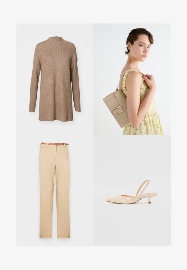 Hnědý žebrovaný svetr s vysokým výstřihem, dlouhými rukávy a volným střihem. Vyroben z měkkého, strukturovaného materiálu.; Béžové chinos vyrobené z lehké tkaniny, s rovný střih, bočními kapsami a hnědým koženým opaskem s obdélníkovou sponou.; Béžové lakované kožené lodičky se špičatou špičkou a štíhlým čtvercovým podpatkem. Hladký povrch a minimalistický design bez ozdob.; Béžová kožená kabelka se strukturovaným designem, akcentem zlaté spony a nastavitelným popruhem, zobrazená na světlém pozadí.