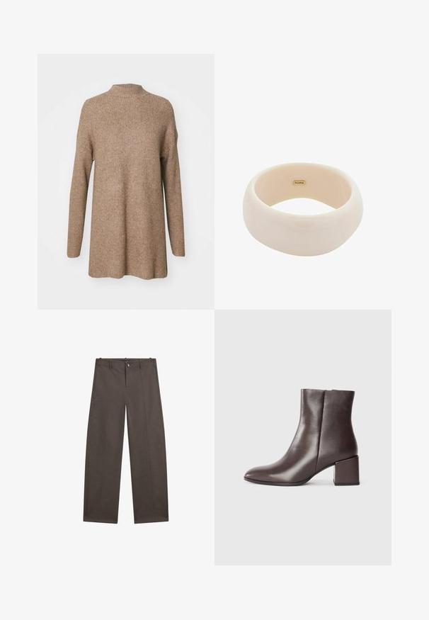 Brauner Rippstrickpullover mit hohem Kragen, langen Ärmeln und lockerer Passform. Hergestellt aus weichem, strukturiertem Material.; Weite Hosen aus dunkelbraunem Stoff. Mit einem Knopfverschluss, zwei vorderen Taschen und einer glatten Textur mit sauberen Nähten.; Braune Leder-Ankle-Boots mit einem eleganten Design, spitzer Zehenform und quadratischem Blockabsatz. Glatte Textur und minimalistisches Profil.; Glänzendes beiges Armband aus glattem Harz. Abgerundete Form mit einer einheitlichen Oberfläche und einem kleinen goldenen Logo auf der Innenseite.; Glänzendes beiges Armband aus glattem Harz. Abgerundete Form mit einer einheitlichen Oberfläche und einem kleinen goldenen Logo auf der Innenseite.
