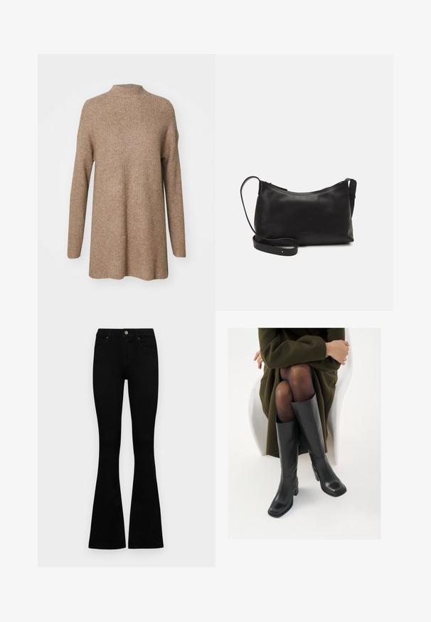 Καφέ ριγέ πουλόβερ με ψηλή λαιμόκοψη, μακριά μανίκια και άνετη εφαρμογή. Κατασκευασμένο από μαλακό, υφασματοποιημένο υλικό.; Μαύρα ψηλόμεσσα τζιν παντελόνια με κούμπωμα και φερμουάρ, εμπρός τσέπες και καμπάνα, τοποθετημένα επίπεδα σε λευκό φόντο.; Μαύρες δερμάτινες μπότες έως το γόνατο με τετράγωνη μύτη και τετράγωνο τακούνι, παρουσιασμένες με ένα μοντέλο καθιστό σε ένα ελαιόλαδο πράσινο παλτό. Λείος υφής, ελάχιστη λεπτομέρεια.; Μαύρη δερμάτινη τσάντα ώμου με λεία υφή, καμπύλο σχήμα, ρυθμιζόμενο λουρί και κλείσιμο με φερμουάρ. Μινιμαλιστικός σχεδιασμός χωρίς διακοσμητικά στοιχεία.