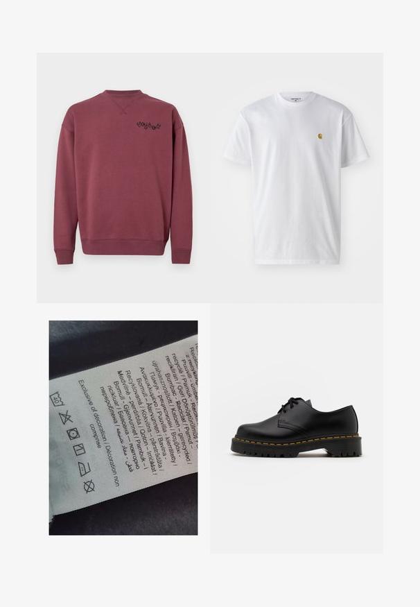 Kestenjasta pamučna dukserica s okruglim izrezom i rebrastim manžetama. Sadrži crni logo otisnut na lijevoj strani prsnog dijela. Glatka tekstura.; Bijela pamučna majica kratkih rukava s okruglim izrezom, sa malim zlatnim logotipom na lijevoj strani prsnog koša. Mekana tekstura i standardni kroj.; Oznaka s viš jezicima, simbolima za njegu i ikonama za reciklažu, otisnuta na mekom materijalu nalik tkanini svijetle boje.; Crne kožne cipele sa vezanjem, okruglog vrha, sa teksturiranom gumom potplatom i žutim šavom oko baze. Ravni dizajn i glatka završna obrada.