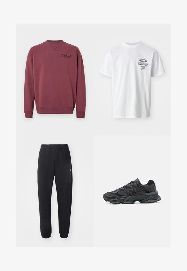 Felpa di cotone color borgogna con colletto rotondo e polsini a costine. Presenta un logo nero stampato sul lato sinistro del petto. Texture liscia.; T-shirt bianca in cotone con maniche corte, colletto tondo e una stampa grafica che presenta il testo "Carhartt WIP" e un'illustrazione di cibo sul petto.; Pantaloni della tuta neri realizzati in materiale morbido con vita elastica, coulisse e polsini aderenti, caratterizzati da un logo sottile sul lato.; Scarpa da corsa nera con una combinazione di materiali in rete e sintetici, suola spessa, design curvo e marchio ben visibile sul lato.