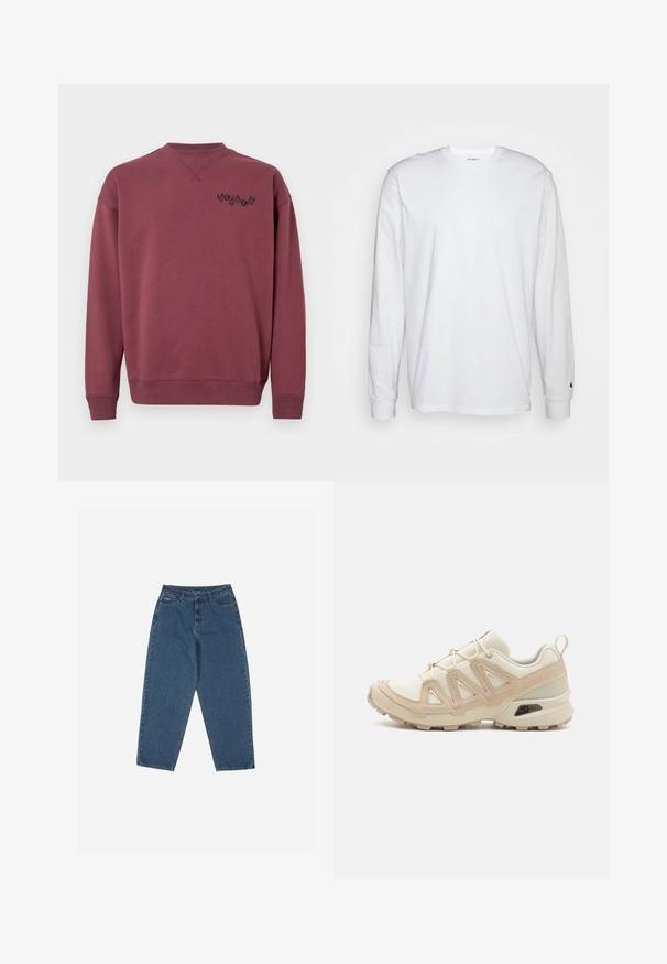Felpa di cotone color borgogna con colletto rotondo e polsini a costine. Presenta un logo nero stampato sul lato sinistro del petto. Texture liscia.; T-shirt bianca a maniche lunghe realizzata in cotone. Design con collo rotondo, polsini a costine e un piccolo logo sulla manica sinistra. Texture liscia.; Jeans in denim blu con una vestibilità rilassata, vita alta, design a cinque tasche e dettagli di cucitura. Caratterizzati da una chiusura con bottone e zip.; Scarpa atletica beige e crema con tomaia in mesh testurizzato, sovrapposizioni supportive e suola in gomma con un motivo a tasselli per la trazione.