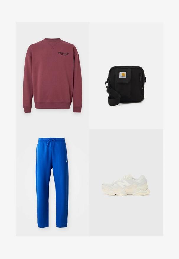 Smotanový bavlnený sveter s rovnými rukávmi a rebrovanými manžetami. Obsahuje čierne logo vytlačené na ľavej hrudi. Hladká textúra.; Modré tepláky vyrobené z jemnej látky, s elastickým pásom na šnúrku, so zúženými nohavicami a malým logom na boku.; Ľahká teniska s vrchom z nylonovej sieťoviny a zamatovej kože v jemných krémových odtieňoch, so robustnou podrážkou a trojrozmernými akcentmi.; Čierna crossbody taška so zipsom, hlavnou priehradkou, prednou kapsou, nastaviteľným popruhom a viditeľnou nášivkou loga na klape.