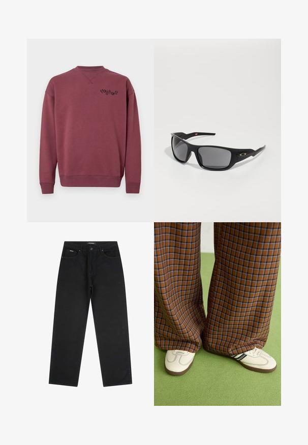 Maroon cotton sweatshirt with a crew neckline and ribbed cuffs. Features a black logo printed on the left chest. Smooth texture.; Black straight-leg jeans with front button and zipper, belt loops, and five-pocket design, laid flat on a white background.; Brown and blue plaid wide-leg trousers paired with white shoes featuring black accents and textured soles, set against a green background.; Black sunglasses with a rectangular shape, made of durable plastic, featuring gray tinted lenses and a gold accent on the side.