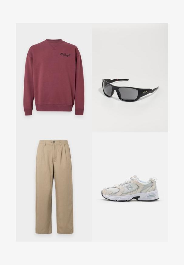 Vínová bavlněná mikina s kulatým výstřihem a žebrovanými manžetami. Na levé straně hrudníku je umístěno černé logo. Hladká struktura.; Beige kalhoty s vysokým pasem, sklady, poutky na pásek, zapínáním na knoflík a rovnými nohavicemi na bílém pozadí.; Atletická obuv s lehkým šedým síťovaným svrškem s semišovými akcenty, bílými tkaničkami a černou gumovou podrážkou. Výrazným detailem je tlumení ABZORB.; Černé sluneční brýle s obdélníkovým tvarem, vyrobené z odolného plastu, s šedými zrcadlovými skly a zlatým akcentem po straně.
