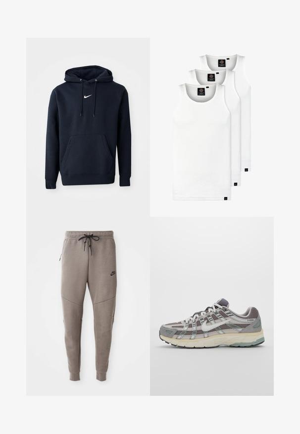 Tumši zilas krāsas kapuce izgatavota no kokvilnas un sintētiskās šķiedras apvienojuma, ar kengūra kabatu, regulējamu kapuci un baltu Nike logotipu uz krūtīm.; Trīs baltas ribotas krūšturi, kas izgatavoti no kokvilnas. Iezīmēti ar apaļu kakla izgriezumu un maziem melniem etiķetēm tuvu apakšmalai. Pieejami vairākos izmēros.; Pelēki Nike sporta bikses ar aukliņu viduklī, sašaurinātiem galiem, sānu kabatām un izteiktām šuvēm. Mīksta, teksturēta auduma.; Pelēkie sporta apavi ar tīkla un zamša augšdaļu, baltiem akcentiem, mīkstinātu zoli un izcilu dizainu ar atstarotājiem.