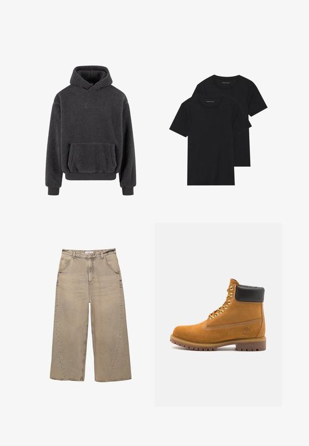 Fleece hoodie in donkergrijs met een gestructureerd oppervlak, een kangaroozak en ribgebreide cuffs en zoom. Heeft een klein logo op de borst.; Twee zwarte katoenen t-shirts met korte mouwen, ronde halslijnen en een gladde textuur, gepresenteerd op elkaar gestapeld.; PULL&BEAR MEGA BAGGY - Baggy jeans - light grey; Tan suède enkelboot met zwart gevoerd kraagje, gouden metalen oogjes, witte stikdetails en een robuuste rubberen zool met uitgesproken profiel.