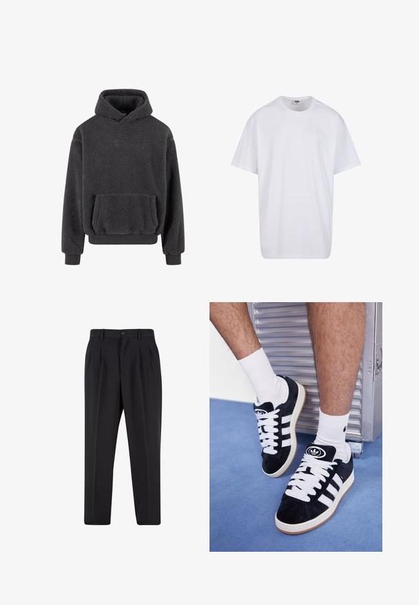 Hanorac din polar de culoare gri închis, cu o suprafață texturată, un buzunar tip kangaroo și manșete și tiv cu nervuri. Prezintă un mic logo pe piept.; Tricou alb din bumbac cu mâneci scurte, decolteu rotund, croială lejeră și fără logo-uri sau modele vizibile. Textură netedă și design minimalist.; Pantaloni negri cu un design față plisată, fabricați dintr-un material neted. Prezintă un închidere cu nasture și brâuri; croială dreptă.; Adidași negri din suede cu șireturi albe și trei dungi albe. Au un logo circular negru pe limbă și o talpă din cauciuc de tip gumă.