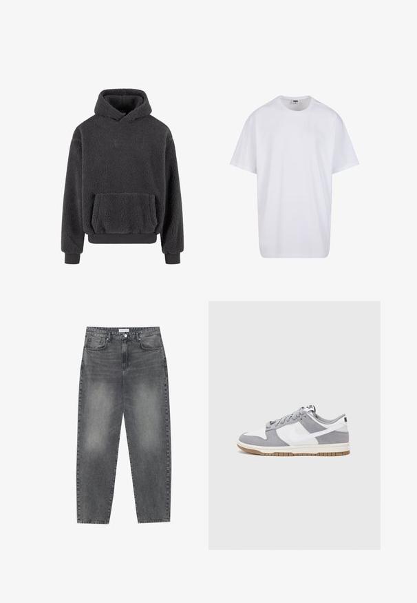 Fleece-Hoodie in Dunkelgrau mit strukturiertem Obermaterial, Kängurutasche sowie gerippten Bündchen und Saum. Mit kleinem Logo auf der Brust.; Weiße Baumwoll-T-Shirt mit kurzen Ärmeln, rundem Ausschnitt, lockerer Passform und ohne sichtbare Logos oder Muster. Glatte Textur und minimalistisches Design.; Hoch taillierte, locker sitzende Jeans aus verwaschenem schwarzem Denim. Verfügt über fünf Taschen, Gürtelschlaufen und ein sauberes, gerades Bein-Design.; Graue und weiße Sneaker mit einem Obermaterial aus Wildleder und Leder, abgerundeter Spitze, flachen Schnürsenkeln und einer Gummisohle mit einem Kautschukakzent.
