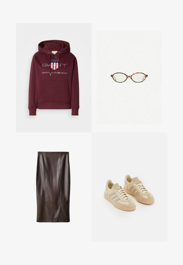Bordeauxfarbener Hoodie aus weichem Material mit einer Fronttasche, Kordeln und einem Logo mit einem Schild sowie dem Text "1949" auf der Brust.; Brauner Leder-Bleistiftrock mit glatter Textur, knielang, mit vertikalen Nähten zur Gestaltung. Keine zusätzlichen Beschläge oder Akzente.; Hellebeige Sneakers aus Wildleder und Stoffmaterialien, mit drei grauen Streifen, strukturierten Akzenten und einer sandfarbenen Gummisohle. Die Schnürsenkel sind weiß.; Schildpatt-Eyegläser mit ovalen Gläsern und einer eleganten, glatten Oberfläche. Mit dünnen Seiten und einer subtilen Kurve an den Schläfen. Klare Gläser.