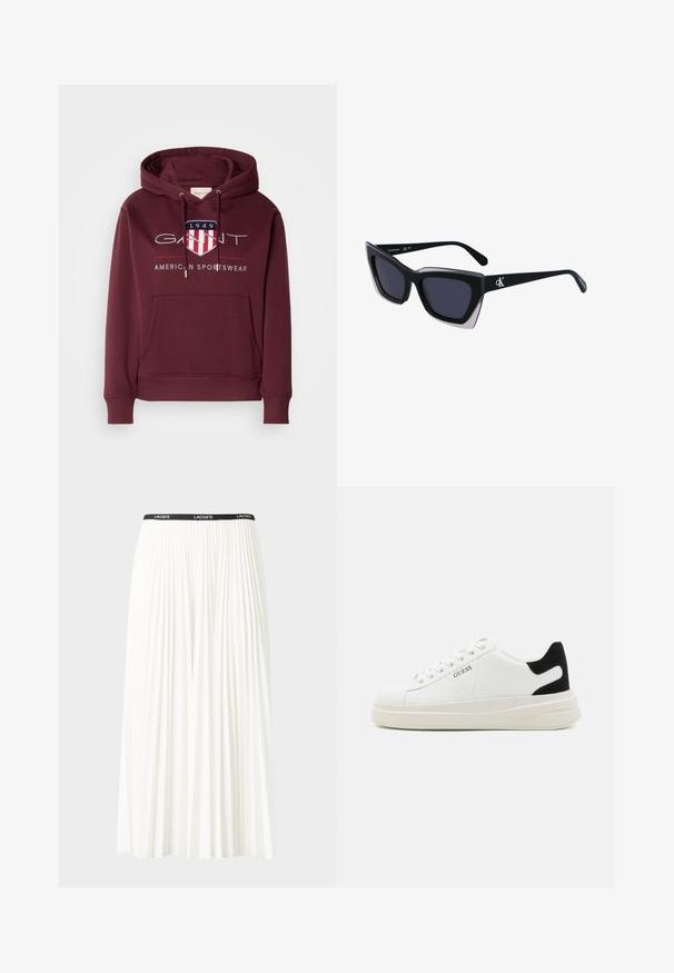 Maroon hoodie made of soft fabric, featuring a front pocket, drawstrings, and a logo with a shield and "1949" text on the chest.; Pleated white skirt with a black elastic waistband featuring the "LACOSTE" logo. Mid-length design with soft texture.; White leather sneakers with a thick white sole, black suede heel accent, and embossed logo on the side. Laced design with six eyelets.; Black oversized sunglasses with a geometric shape, featuring dark lenses and a contrasting grey detail on the frame. Logo on the arm.