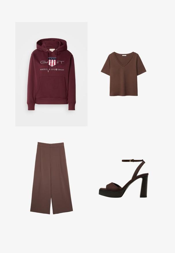 Bordová mikina vyrobená z mäkkej tkaniny, s predným vreckom, šnúrkami a logom v tvare štítu s textom "1949" na hrudi.; Hnedé bavlnené tričko s krátkymi rukávmi a hlbokým V-výstrihom. Jednoduchý dizajn, jemná textúra a rovný lem. Bez vzorov alebo akcentov.; Hnedé nohavice so širokými nohavicami a hladkou textúrou, s vysokým pásom a prednými skladmi. Tkanina je ľahká a voľne sa pohybuje.; Hnedé semišové sandále na vysokom podpätku s otvorenou špičkou, nastaviteľným členkovým remienkom a pruhovanou platformovou podrážkou.