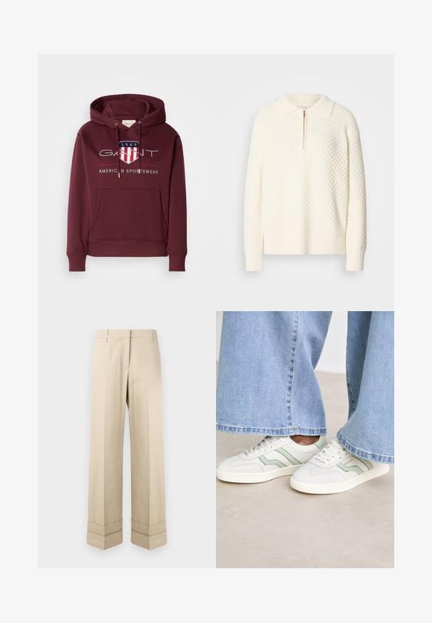 Bordo pelēka kapuce, izgatavota no mīksta auduma, ar priekšējo kabatu, auklām un logo, kas satur vairogveida simboliku un tekstu "1949" uz krūtīm.; Balts adīts puloveris ar teksturētu rakstu, pusei ar rāvējslēdzēju, ribota apkakle un piedurknes. Materiāls izskatās mīksts un ērts.; Beige bikses ar taisnu griezumu, kurām ir dubultā piedurkne apakšmalā un plakana priekšpuse. Izgatavotas no gludas, izturīgas auduma.; Baltas sporta apavi ar gaiši zaļiem akcentiem, teksturēta āda un plakanām gumijas zolems. Savienoti ar platām džinsa biksēm.