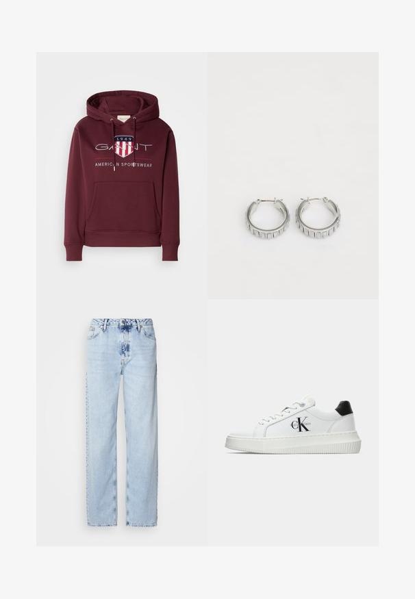 Bordó kapucnis pulcsi puha anyagból, elülső zsebbel, húzózsinórral és egy pajzsot, valamint "1949" feliratot ábrázoló logóval a mellkason.; Egy világos kék, bő szárú farmernadrág, magas derekú, elhalványult mosással és finom batikolt mintával az elején.; Fehér alacsony szárú edzőcipő fekete saroktabbal, platform talppal, fűzőkkel és Calvin Klein "CK" logóval az oldalán.; Ezüst fülbevalók, texturált mintával, függőleges barázdákkal. Kerek forma, biztos záródással. Sima felület.