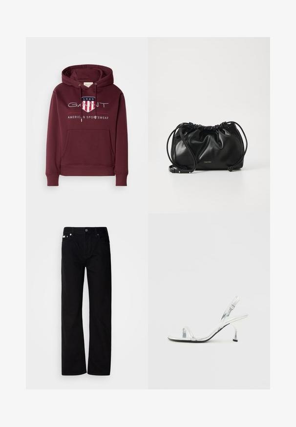 Maroon hoodie made of soft fabric, featuring a front pocket, drawstrings, and a logo with a shield and "1949" text on the chest.; Black denim straight-leg pants with five pockets, silver rivets, and a button fly. The fabric has a smooth, slightly textured finish.; Silver patent leather slingback high heel sandal with a narrow toe strap, adjustable buckle, and a slender heel.; Black leather handbag with gathered design, dual drawstring closure, and detachable shoulder strap. Features metallic logo detail.