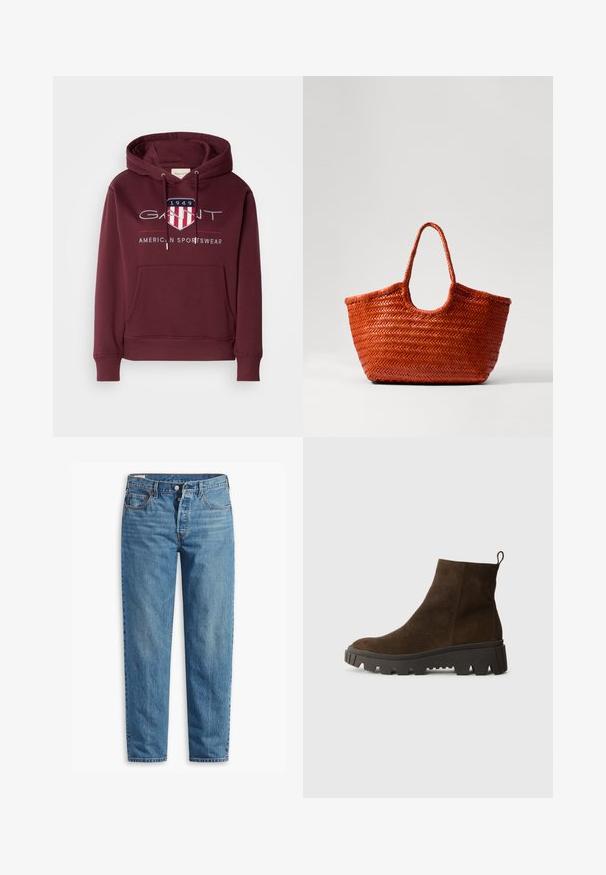 Bordeauxhuppari, joka on valmistettu pehmeästä kankaasta. Siinä on etutasku, nyörit ja rintakehässä logo, jossa on kilpi ja teksti "1949".; Siniset farkut suoralla lahkeella, joissa on vetoketjukiinnitys, kaksi etutaskua ja hienovarainen haalistuminen kankaassa.; Ruskoharmaa nahkasaapas nilkkoihin, jossa on paksu musta kumipohja, hieno korko ja vetotappi takana helppoa pukemista varten.; DRAGON DIFFUSION NANTUCKET BASKET BIG - Käsilaukku - naranja