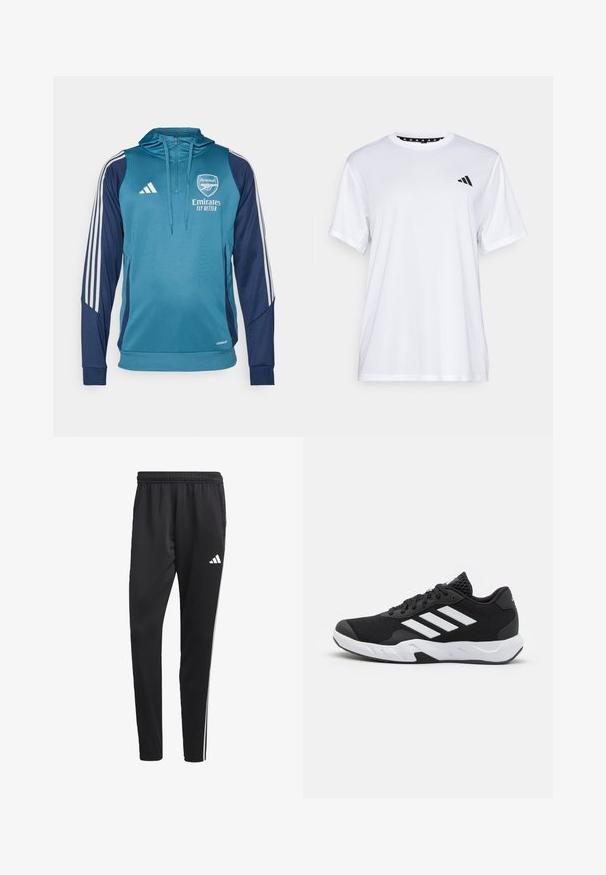 Sudadera con capucha en tonos verde azulado y marino, con rayas blancas de Adidas, logo y texto "Emirates Fly Better". Tejido suave, corte atlético y cremallera.; Camiseta atlética blanca de manga corta, hecha de una tela que absorbe la humedad. Presenta un logo negro en el lado izquierdo del pecho y un cuello interior con un diseño estampado.; Pantalones deportivos negros con una cinturilla elástica, rayas laterales blancas y un pequeño logo blanco en el muslo. Fabricados con un material suave y ligero.; Zapatillas deportivas negras con una parte superior de malla texturizada, rayas de acento blancas, suela acolchada y talón reforzado para mayor soporte.