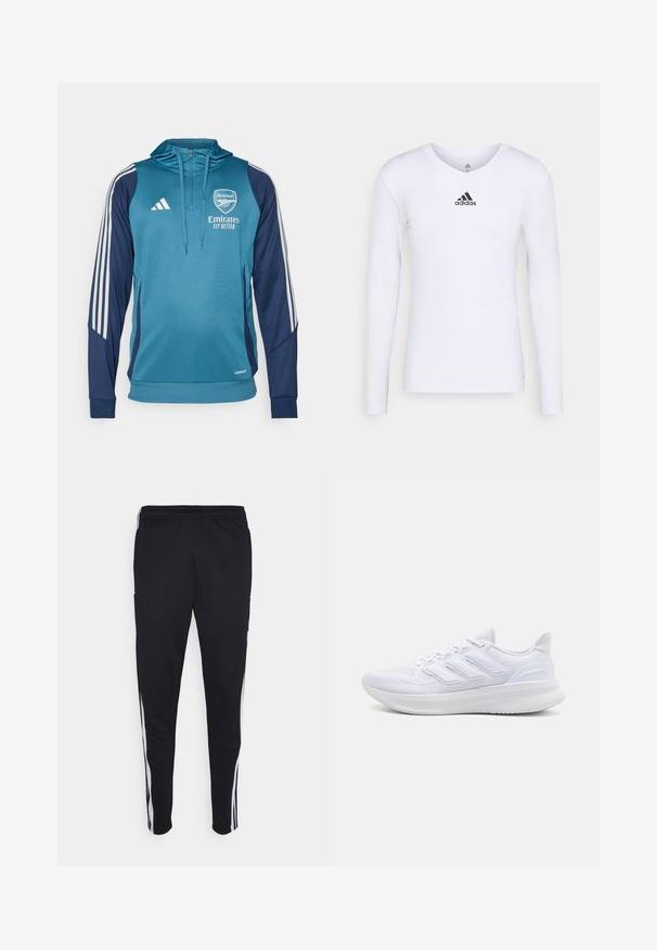 Türkis und marineblaues Kapuzensweatshirt mit weißen Adidas-Streifen, Logo und dem Text "Emirates Fly Better". Weicher Stoff, athletischer Schnitt und Reißverschluss.; Langärmliges weißes Sportshirt aus glattem Material mit einem schwarzen Adidas-Logo auf der Brust; V-Ausschnitt-Design und figurbetonte Form.; Schwarze Sporthosen mit lockerer Passform, versehen mit weißen Seitenstreifen, einem Kordelzugbund und zwei Seitentaschen. Hergestellt aus weichem Stoff.; Weiße Sportschuhe mit einem strukturierten Mesh-Obermaterial, einer stützenden gepolsterten Sohle und einem drei Streifen-Design an der Seite.