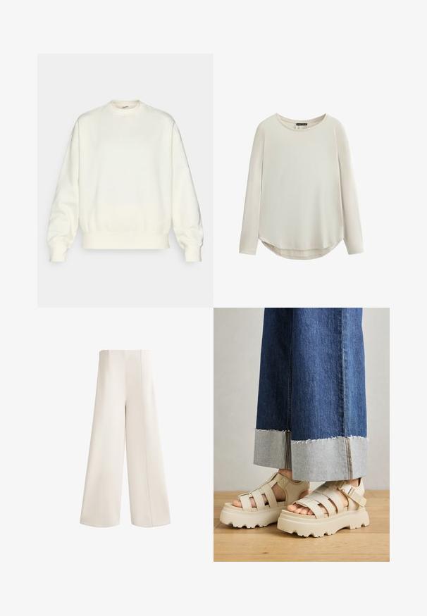 Felpa di colore crema realizzata in morbido tessuto. Presenta un collo rotondo, spalle scese e polsini e orlo a costine. Design semplice senza pattern.; Maglia a maniche lunghe in beige chiaro, con scollo rotondo, texture liscia e orlo curvo con spacchi laterali per facilitare il movimento.; Pantaloni a gamba larga in un morbido tessuto crema. Presentano un'alta vita, tagli dritti e cuciture evidenti lungo le cuciture. Nessuna tasca visibile.; Sandali platform beige con suole spesse presentano un design a cinturini e fettucce regolabili alla caviglia. Indossati con pantaloni in denim a gamba larga, un'orlo è sfilacciato.