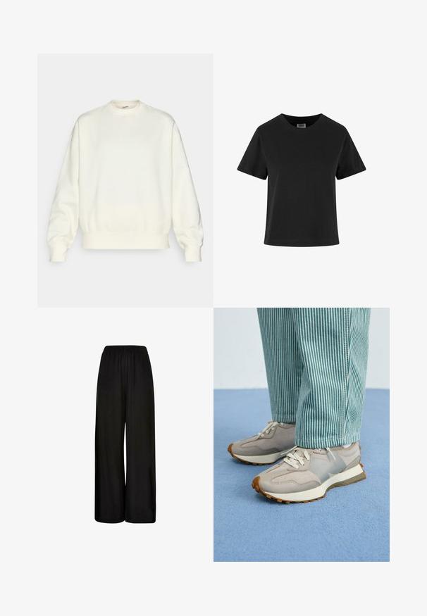 Sudadera de color crema hecha de una tela suave. Presenta un escote redondo, hombros caídos y puños y dobladillo acanalados. Diseño simple sin patrones.; Camiseta de algodón negra con mangas cortas, cuello redondo y un corte holgado. Textura suave y sin patrones ni adornos visibles.; Pantalones negros de pierna ancha, hechos de una tela suave, con una cintura elástica y una textura lisa. Sin patrones ni acentos visibles.; Zapatillas grises con paneles de ante y malla, cordones blancos y suela texturizada. Combinadas con pantalones de rayas en color aguamarina. Fondo texturizado azul.