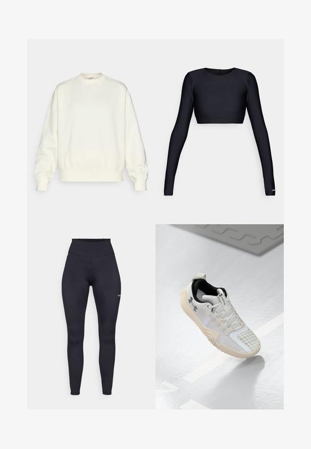 Tej színű, puha anyagból készült pulóver. Kerek nyakkivágással, esett vállakkal, valamint bordás mandzsettákkal és aljjal rendelkezik. Egyszerű, minta nélküli dizájn.; Fekete rövidujjú felső hosszú ujjakkal, sima, rugalmas anyagból készült. Kerek nyakkivágással rendelkezik, minimalista designjával és egyenes szegélyével.; Magas derekú fekete legginsz, rugalmas anyagból készült, sima felülettel, és egy kis logóval az alsó lábszáron. Testhez álló dizájn.; Fehér sportcipő, textúrált hálós felsőrésszel, fekete belső résszel és bézs gumitalppal, amely mintás tapadást biztosít. Diszkrét részletekkel kiemelve.