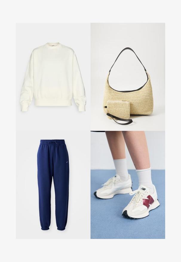 Kremaste majica s kapuljačom iz mehkega materiala. Ima okrogel izrez, spuščena ramena ter rebrast rob in manšete. Preprost dizajn brez vzorcev.; Temno modri trenirka hlače iz mehkega blaga, z elastičnim pasom in vrvico, elastičnimi manšeti ter majhnim belim logotipom.; Par belih športnih copat z maroon detajli, teksturiranimi paneli, ravnim črnim podplatom in svetlim vezalkami, obutih z belimi gležnjarji.; Tkana torbica iz slame s zakrivljenim siluetom, ki vključuje gladek črn usnjen trak in usklajen majhen žep, pritrjen z ročajem za zapestje.