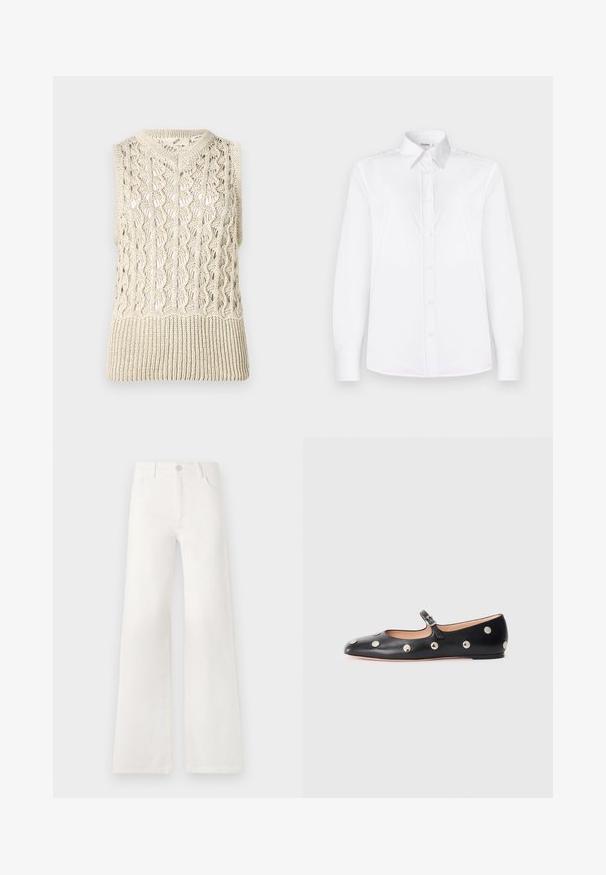 Pleteni bezrukavnik u krem boji, s otvorenim dizajnom i rebrastim rubom. Materijal ima teksturiranu završnicu s složenim uzorcima.; Bijela košulja dugih rukava od glatkog materijala, s ovratnikom i prednjim dio na dugme s svijetlo ružičastim gumbima.; Bijele, visokotalasne široke traperice. Imaju kopčanje na dugme, dva prednja džepa i bočne šavove s detaljima šivanja.; Crne kožne Mary Jane balerinke s zaobljenim vrhom, koje sadrže srebrne kružne zakovice i podesivu traku s kopčom.