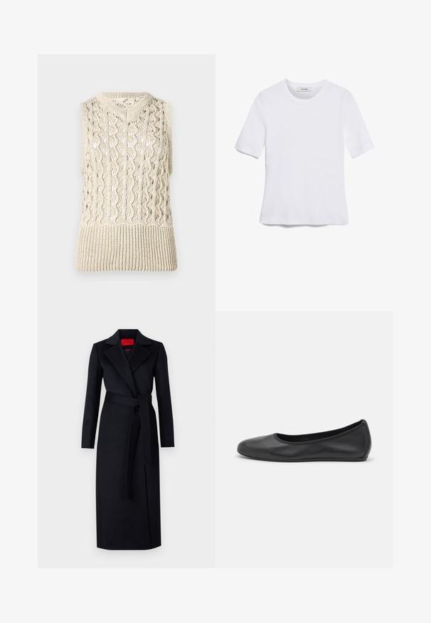 Kötött ujjatlan pulóver krémszínben, nyitott mintával és bordázott aljjal. Az anyag textúrált felülettel rendelkezik, bonyolult mintázattal.; Fehér, rövid ujjú póló ribbed anyagból. Kerek nyakkivágás, normál szabás és diszkrét varrási részletek. Nincsenek minták vagy grafikák.; Fekete trench kabát hosszú ujjakkal, átkötős dizájnnal és hozzá illő övvel. Simfémből készült, hajtókás gallérral és oldalsó zsebekkel rendelkezik.; Fekete bőr balettcipő lekerekített orral, sima tekstúrával, minimális varrással és rugalmas talp kialakítással.