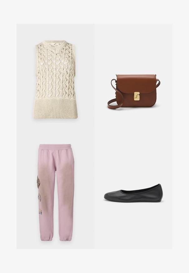 Knit sleeveless sweater in cream, featuring an openwork design and ribbed hem. The material has a textured finish with intricate patterns.; Pink sweatpants with an elastic waistband, featuring decorative patches in diamond shapes on the left side and elastic cuffs at the ankles.; Black leather ballet flat with a rounded toe, smooth texture, minimal stitching detail, and a flexible sole design.; Brown leather handbag with a flap closure, gold-tone hardware, a shoulder strap, and a smooth texture. Compact rectangular shape.