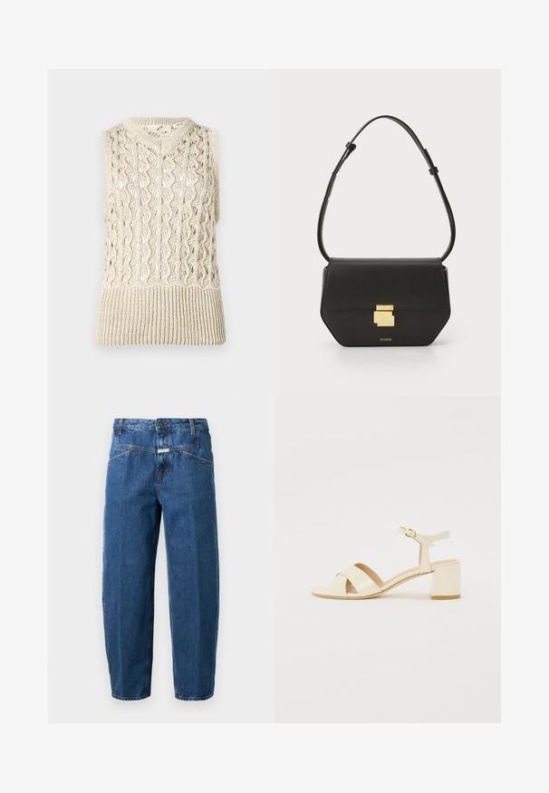 Pleteni bezrukavnik u krem boji, s otvorenim dizajnom i rebrastim rubom. Materijal ima teksturiranu završnicu s složenim uzorcima.; Traperice u tamnoplavoj boji, s udobnim krojem, dizajnom s pet džepova, šivenim šavovima i kopčanjem na dugme na pojasu.; Bež sandale od lakirane kože na visokoj peti s dizajnom preklopnog remena, otvorenim prstima, podesivim remenom oko gležnja i blok petom. Glatka tekstura.; CLOSED CLOSED ONE - Torba preko tijela - black