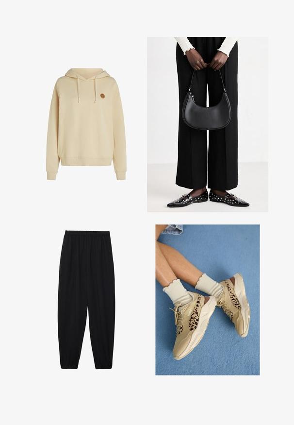 Sweatshirt à capuche beige clair en tissu doux, avec une poche avant et un logo circulaire sur la poitrine gauche. Poignets côtelés.; Pantalons noirs légers avec une taille élastique et des chevilles froncées. Le tissu est lisse et présente un design décontracté et fuselé.; Jambes croisées portant des baskets Puma beige avec des rayures léopard et des chaussettes crème à volants sur un sol recouvert de moquette bleue.; Sac à main en cuir noir avec une forme arrondie, finition brillante et quincaillerie en argent. Personne portant un pantalon large noir et des mocassins cloutés.