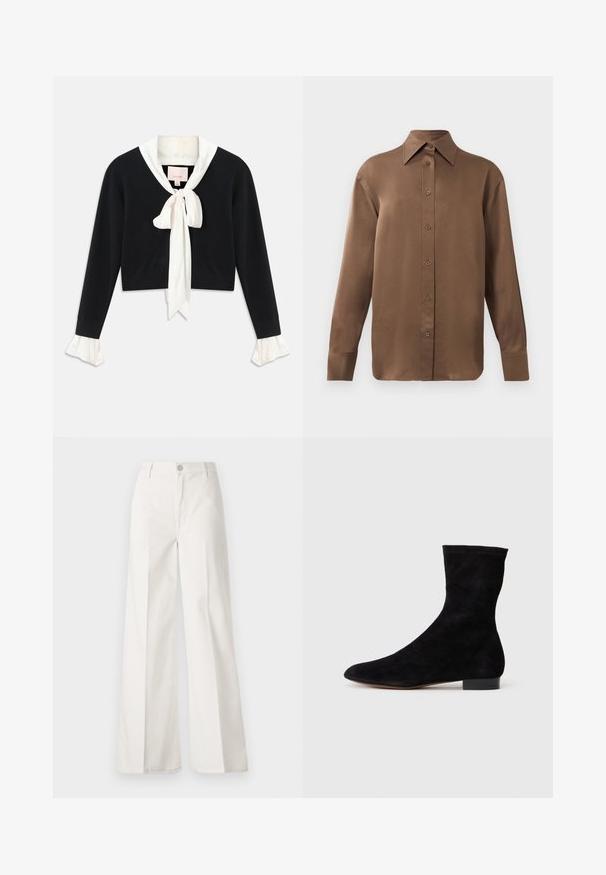 Fekete, hosszú ujjú, rövidített pulóver, hozzáerősített fehér gallérral, elülső masnival és fehér fodros mandzsettákkal a ujjain.; Barna, hosszúujjú, gombos ing, hegyes gallérral és mandzsettákkal, egyszerű fehér háttér előtt kiemelve.; Fehér, bővebb nadrág, amely pamutból készült, sima textúrával. Elöl gombbal, cipzáras záródással és négy zsebes kialakítással rendelkezik.; Fekete velúr bokacsizma, illeszkedő szárral, hegyes orral és alacsony blokk sarokkal. Simább felület és minimalista dizájn, amely sokoldalú stílushoz megfelelő.
