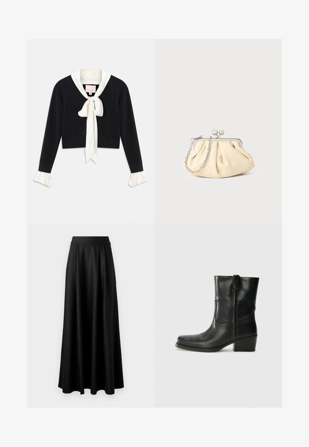 Črn dolg rokav krojeni pulover z zasedenim belim ovratnikom, sprednjim metuljčkom in belimi nabranimi manšetami na rokavih.; Črna, dolg krožni krilo z gladko teksturo, širokim pasom in nabranim dizajnom, brez vidnih vzorcev ali okrasnih elementov.; Črne usnjene gležnjarje z zaobljenim nosom, blok peto, stransko zadrgo in šivanjem na vampu. Gladka tekstura, klasična zasnova.; Zavihani bež usnjeni nahrbtnik s srebrnim kovinskim okvirom, ki ima dve okrogli okrasni zaponki in srebrno verižico.