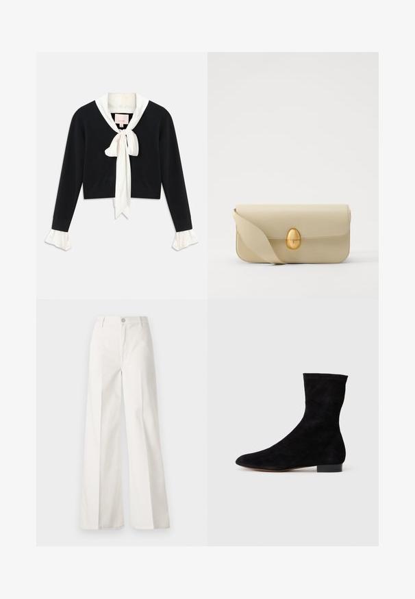 Zwarte lange mouwen cropped trui met een bevestigde witte kraag, een strik aan de voorkant en witte gerimpelde manchetten op de mouwen.; Witte wijde-broek gemaakt van katoen met een gladde textuur. Voorzien van een knoop aan de voorkant, ritsopening en vierzakkenontwerp.; Zwarte suède enkelboot met een aansluitende schacht, puntige neus en een lage blokhak. Gladde textuur en minimalistisch ontwerp, geschikt voor veelzijdige styling.; Beige leren handtas met een gladde textuur, rechthoekige vorm en een gouden ovale sluiting. Beschikt over een lange, verstelbare schouderband.