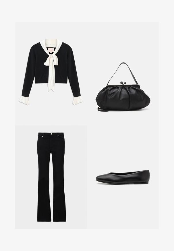 Schwarzer, langärmeliger, kürzer geschnittener Pullover mit angehängtem weißen Kragen, vornem Schleifenbinder und weißen Rüschenbündchen an den Ärmeln.; Schwarze, ausgestellte Jeans aus Denim, ausgestattet mit zwei Fronttaschen, einem Knopfverschluss und einer glatten Oberfläche. Signatur-Nähte an den Nähten sichtbar.; Paul Smith TOPANGA - Klassischer Ballerina - black; Schwarze Lederhandtasche mit einer runden, gefalteten Form. Verfügt über einen metallischen Verschluss mit zwei dekorativen Kugeln und einem schmalen, abnehmbaren Tragegurt.